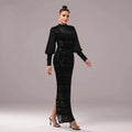Black lace round neck sequined maxi dress featuring a high neckline and bell sleeves in a sleek black design