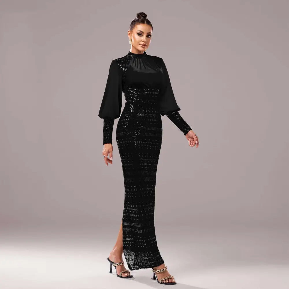 Black lace round neck sequined maxi dress featuring a high neckline and bell sleeves in a sleek black design
