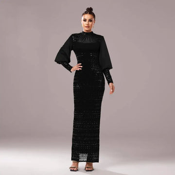 Black lace sequined maxi dress with round neck, long bell sleeves, and intricate lace detailing in black fabric