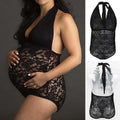Black lace maternity halter neck shaping bodysuit with floral lace pattern for elegant maternity wear