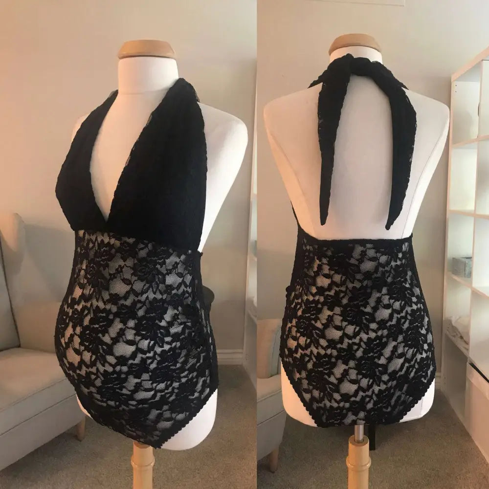 Black lace maternity halter neck one-piece swimsuit with floral pattern and tied-back neckband design