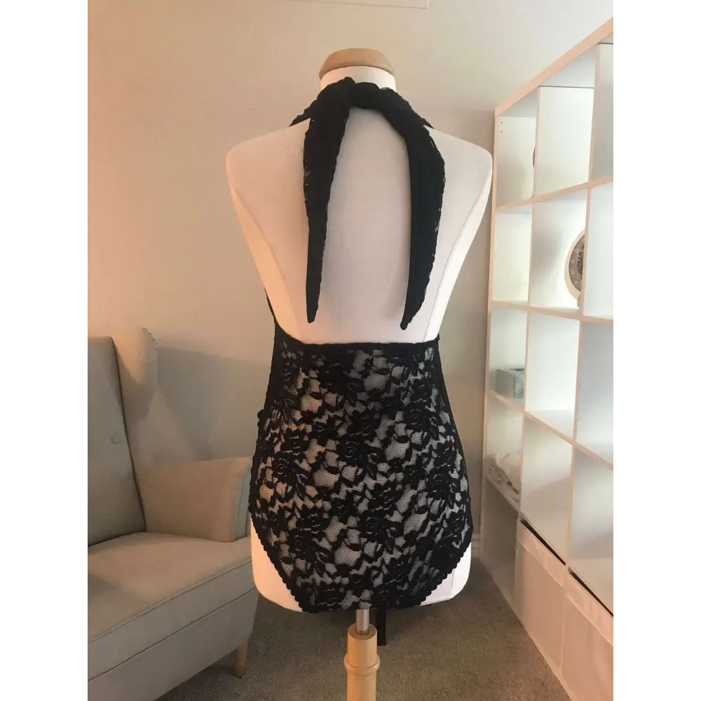 Black lace maternity halter neck shaping bodysuit showing knotted back tie detail on the back side
