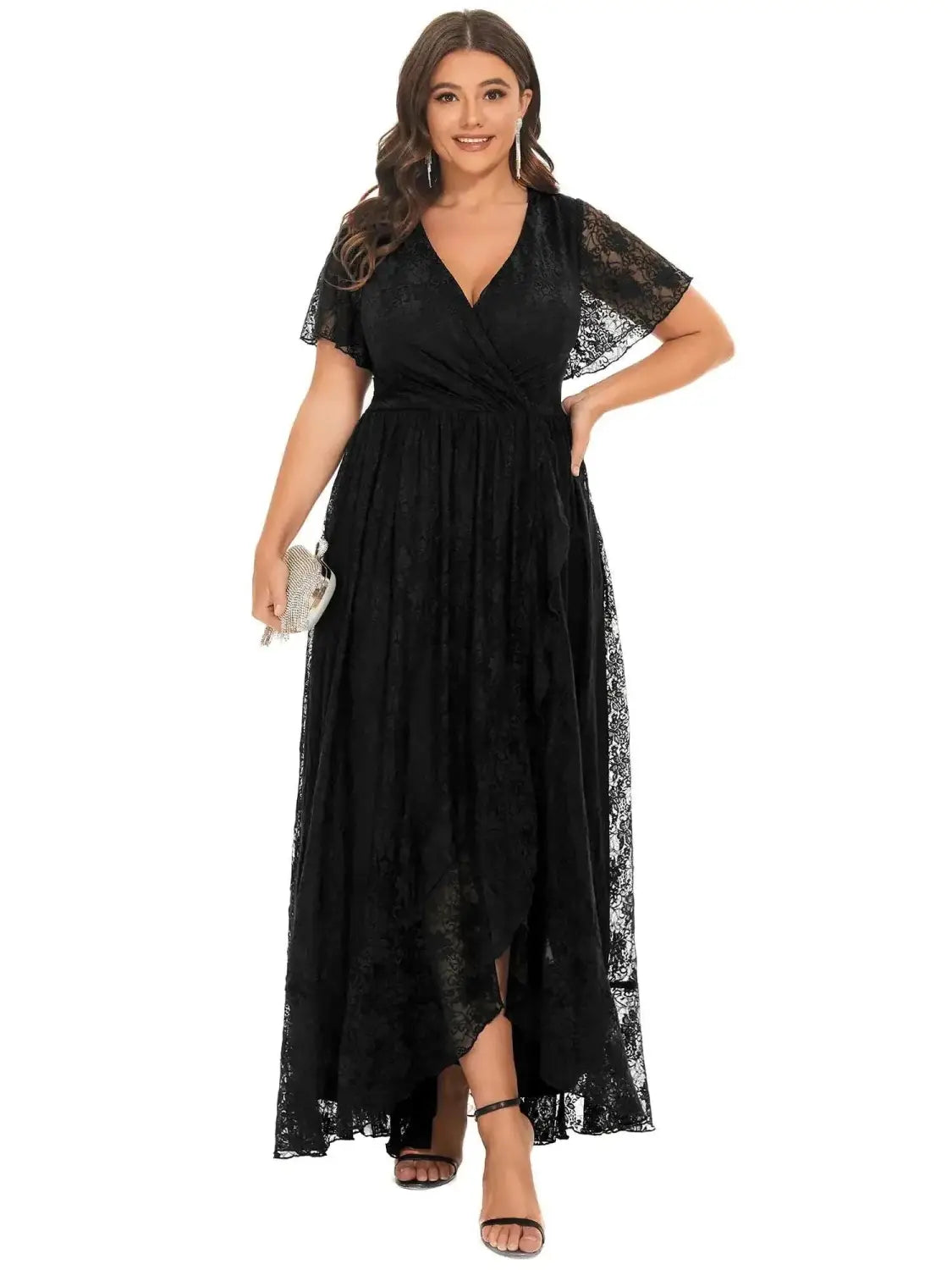 Black lace plus size maxi dress with short flutter sleeves and a v-neckline designed for curvy women.