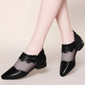 Black lace mesh women’s sandals tide with glossy leather toe and heel and mesh accents for elegant style