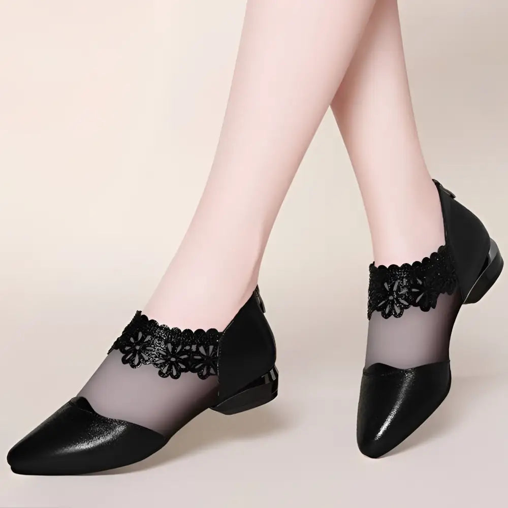 Black lace mesh women’s sandals tide with glossy leather toe and heel and mesh accents for elegant style
