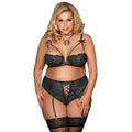 Black lace plus size sexy lingerie garter set featuring corset-style high-waisted briefs and matching garter belt