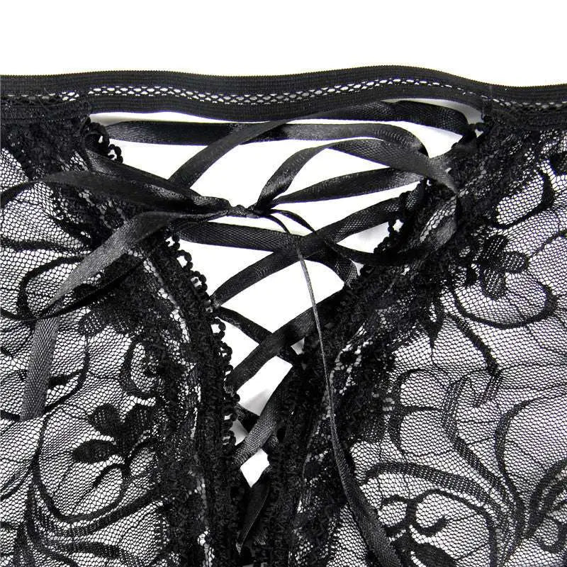 Black lace plus size sexy lingerie garter set with intricate floral bodice and crisscross satin ribbon ties american plus size