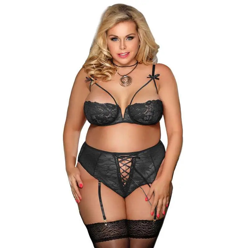 Black lace plus size sexy lingerie garter set with corset style high waisted briefs and matching garter belt american plus size