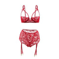 Red lace sexy lingerie garter set with floral bra and high-waisted garter belt, perfect for american plus size wear