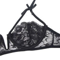 Black lace plus size sexy lingerie garter set featuring a floral pattern bra with tied ribbon strap for american plus size