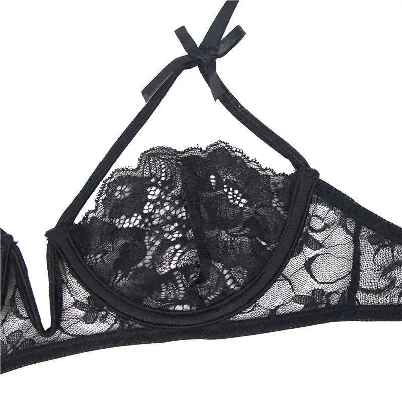 Black lace plus size sexy lingerie garter set featuring a floral pattern bra with tied ribbon strap for american plus size