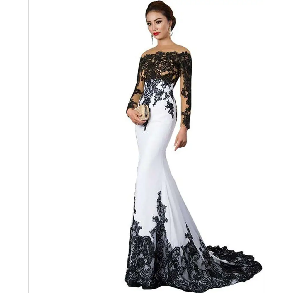 Elegant white slim mermaid tail wedding dress with intricate black lace detailing on bodice sleeves and hem
