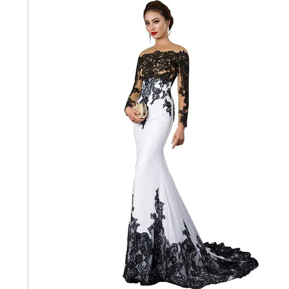 Elegant white slim mermaid tail wedding dress with intricate black lace detailing on bodice sleeves and hem