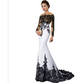 Elegant white slim mermaid tail wedding dress with intricate black lace detailing on bodice sleeves and hem