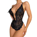 Black lace teddy deep v lingerie bodysuit xl with halter neckline and side cutouts in floral lace design