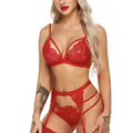 Red lace lingerie set with intricate floral patterns and thin straps complementing black lace underwear suspenders