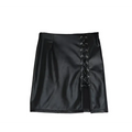 Black lace up faux leather mini skirt with central lace up front and silver toned eyelets leather mini skirt
