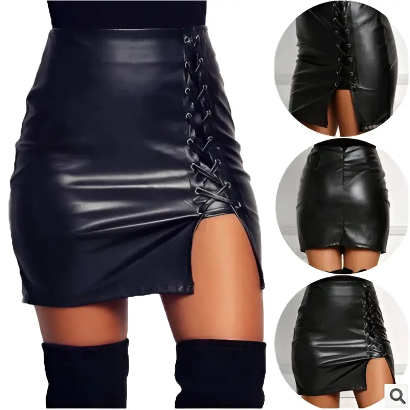 Black lace faux leather mini skirt with side lace up detailing and high slit for stylish leather mini skirt look