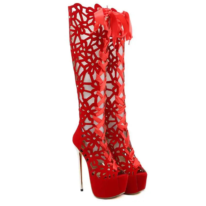 Black lace-up peep toe high heels featuring red high-top lace-up knee-high platform boots with floral cutout patterns and satin ribbon tie