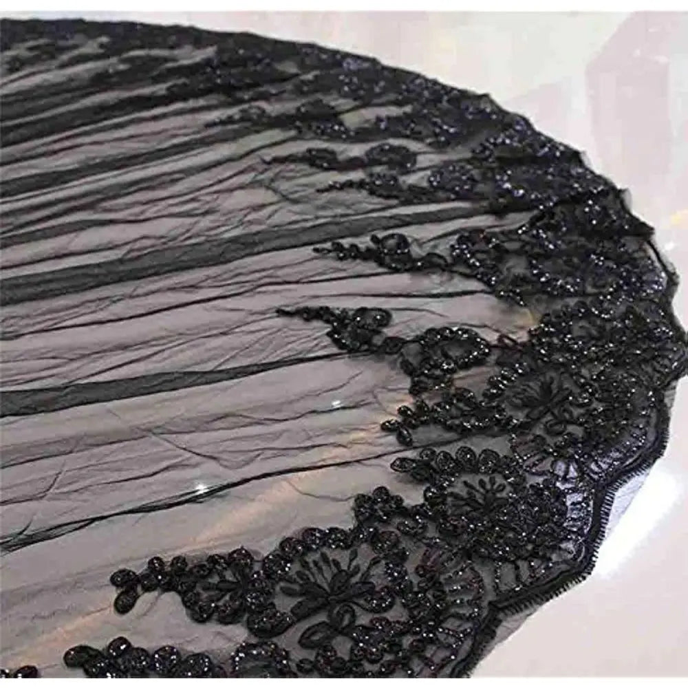 Black lace wedding veil with intricate floral embroidery and beading edge ideal for photography accessories halloween