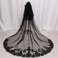 Black lace wedding veil with intricate floral embroidery along the hemline for photography accessories halloween use