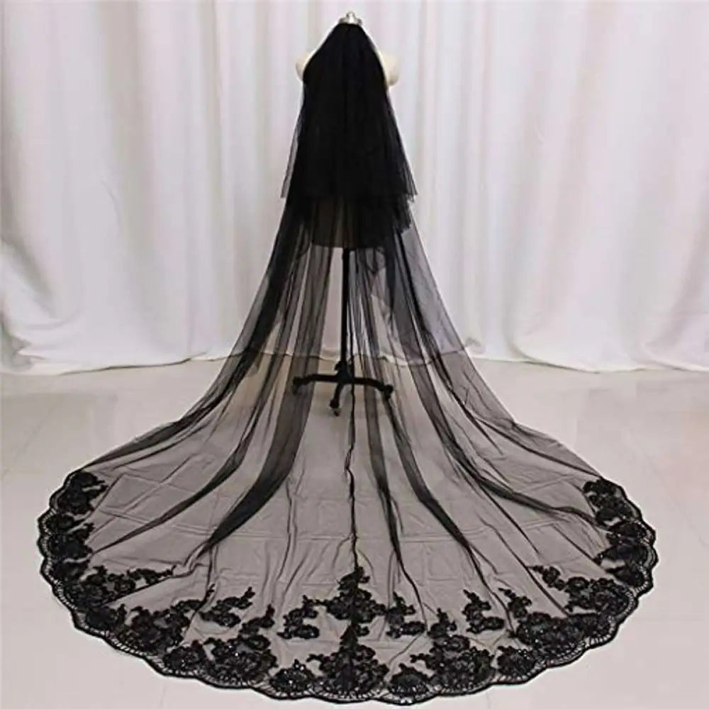Black lace wedding veil with intricate floral embroidery along the hemline for photography accessories halloween use
