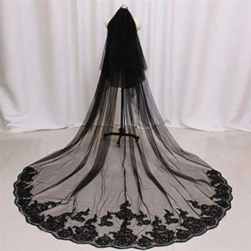 Black lace wedding veil with intricate floral embroidery along the hemline for photography accessories halloween use