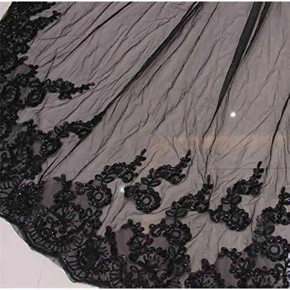 Black lace wedding veil with floral embroidery and beaded details on sheer fabric for photography accessories halloween