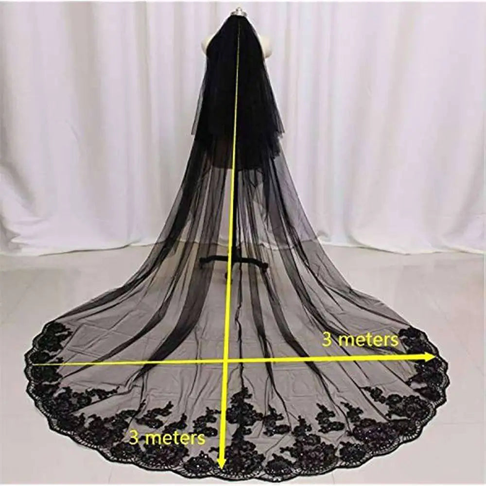 Black lace wedding veil with intricate floral embroidery and 3 meter square design for photography accessories halloween