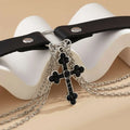 Black leather choker alloy necklace cross with silver cross pendant adorned with black rhinestones and triple chain strands