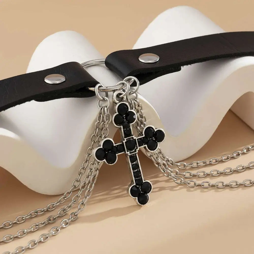 Black leather choker alloy necklace cross with silver cross pendant adorned with black rhinestones and triple chain strands