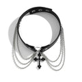 Black leather choker with silver chains featuring an alloy necklace cross pendant adorned with rhinestones