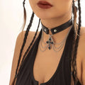 Black leather choker featuring silver chains and a black alloy necklace cross pendant for edgy fashion accessory
