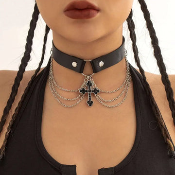 Black leather choker featuring silver chains and an alloy necklace cross with a black cross pendant detail