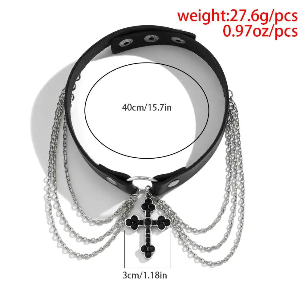 Black leather choker with silver chains and an alloy necklace cross pendant featuring a black cross pendant