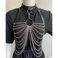 Black leather choker featuring a silver chainmail chest harness with stitching metal chain and central circular ring centerpiece