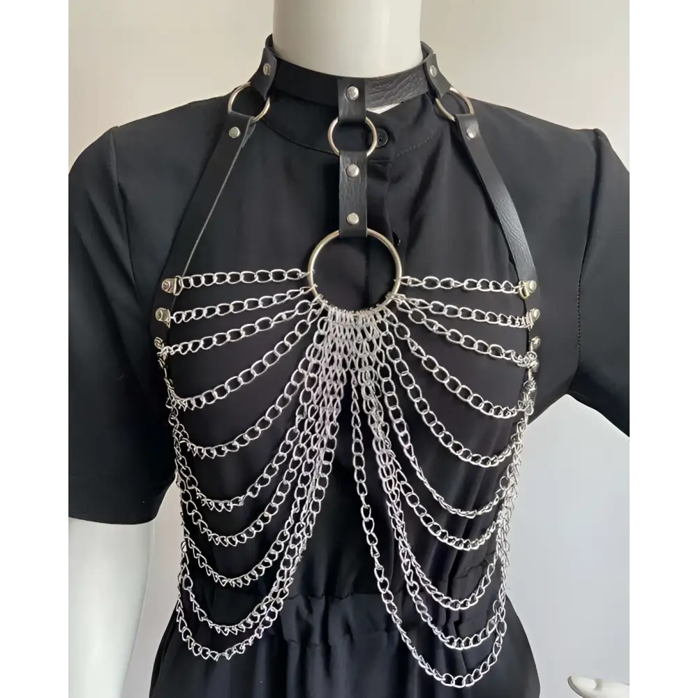 Black leather choker featuring a silver chainmail chest harness with stitching metal chain and central circular ring centerpiece