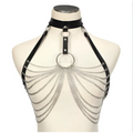 Black leather choker with stitching metal chain and silver chains radiating from a central circular ring