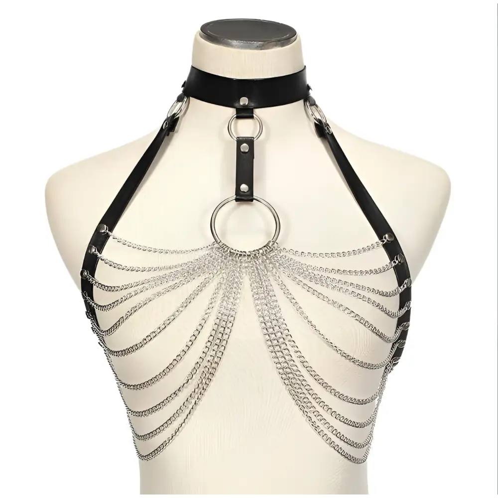 Black leather choker with stitching metal chain and silver chains radiating from a central circular ring