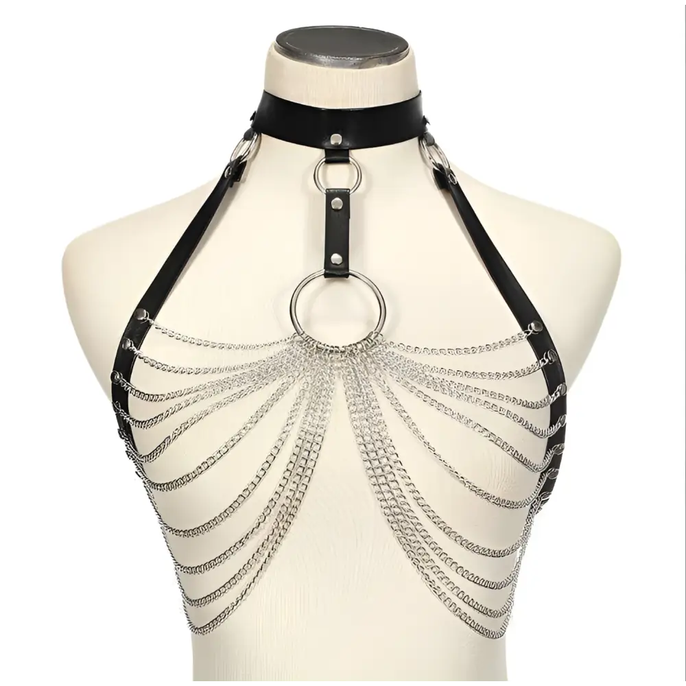 Black leather choker featuring stitching metal chain details with silver chains radiating from a central circular ring