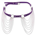 Purple leather choker with silver chain tassels complementing black leather harness chain tassel belt design