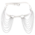 White leather choker featuring silver chain tassels for a black leather harness chain tassel belt accessory