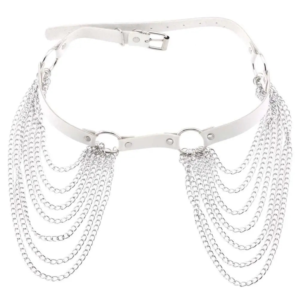 White leather choker featuring silver chain tassels for a black leather harness chain tassel belt accessory