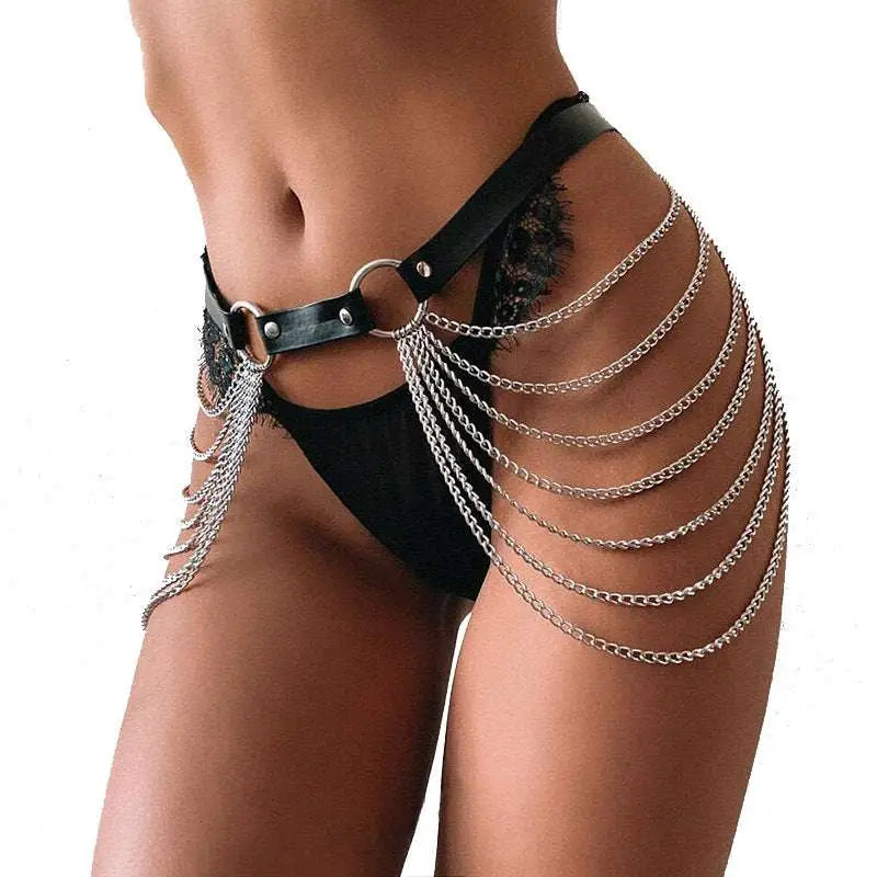 Black leather harness chain tassel belt featuring silver chains draping down the side for edgy style