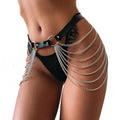 Black leather harness chain tassel belt featuring silver chains draping down the side for edgy style