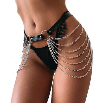 Black leather harness chain tassel belt featuring silver chains draping down the side for edgy style