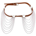 Brown leather belt featuring silver chain fringe as part of black leather harness chain tassel belt design