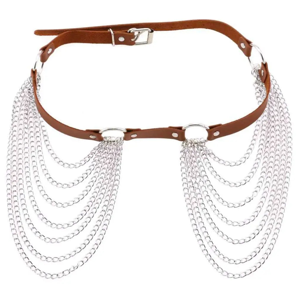 Brown leather belt featuring silver chain fringe as part of black leather harness chain tassel belt design