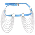 Light blue faux leather choker with cascading silver chains and circular rings complementing a black leather harness chain tassel belt
