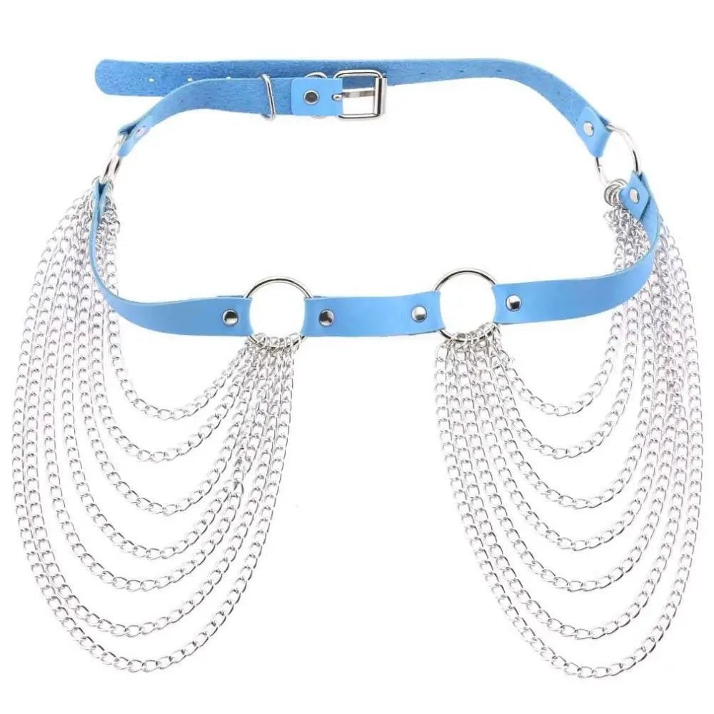 Light blue faux leather choker with cascading silver chains and circular rings complementing a black leather harness chain tassel belt
